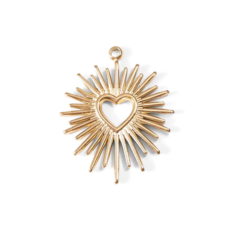 18K Gold PVD Stainless Steel Textured Sunburst Heart Charm / PDL0068