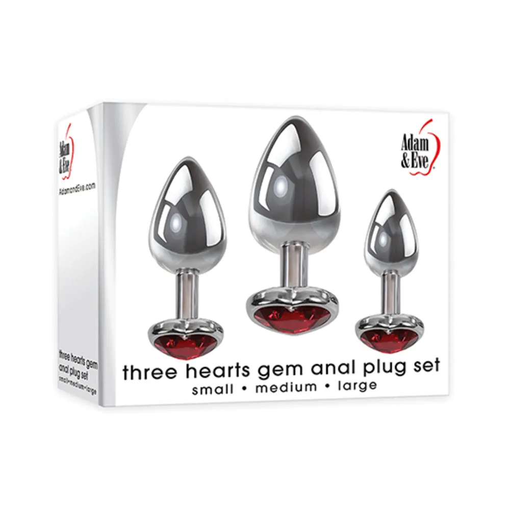 Adam & Eve Three Hearts Gem Anal Plug Set - Silver/Red