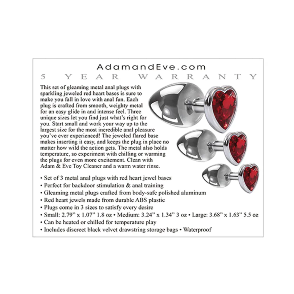 Adam & Eve Three Hearts Gem Anal Plug Set - Silver/Red