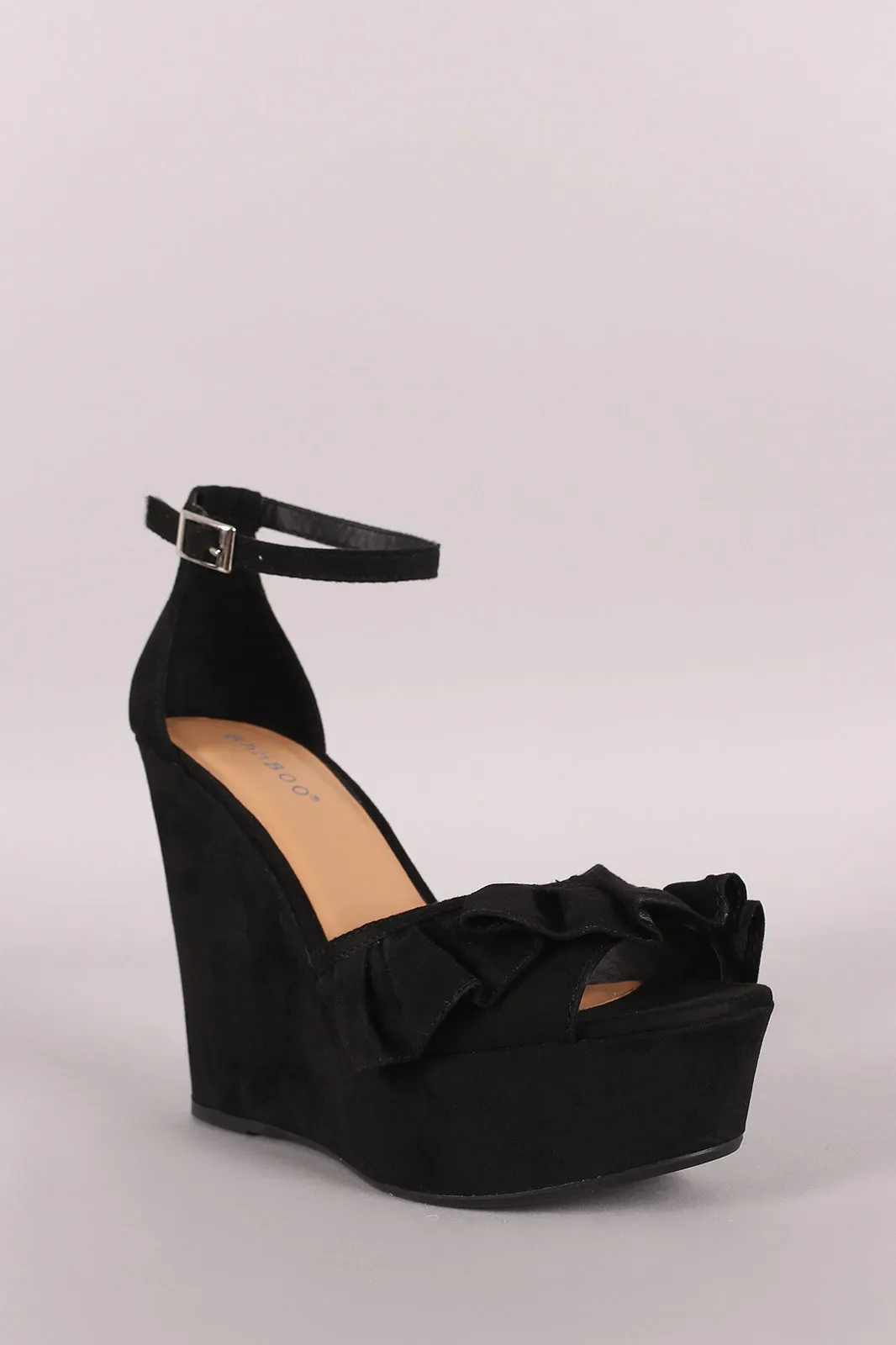 Bamboo Ruffle Suede Ankle Strap Platform Wedge