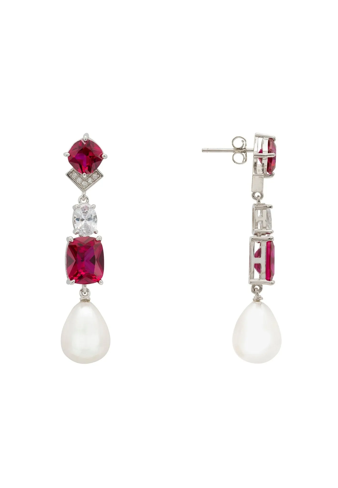 Cordelia Pearl & Ruby Long Drop Earrings Silver