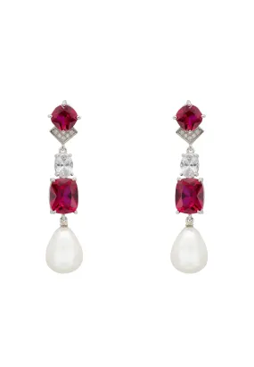 Cordelia Pearl & Ruby Long Drop Earrings Silver