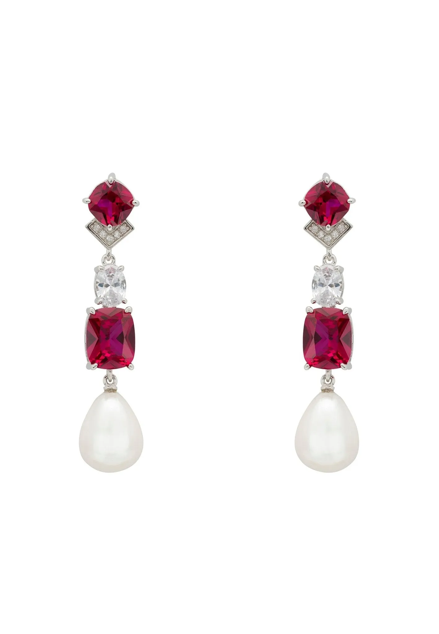 Cordelia Pearl & Ruby Long Drop Earrings Silver