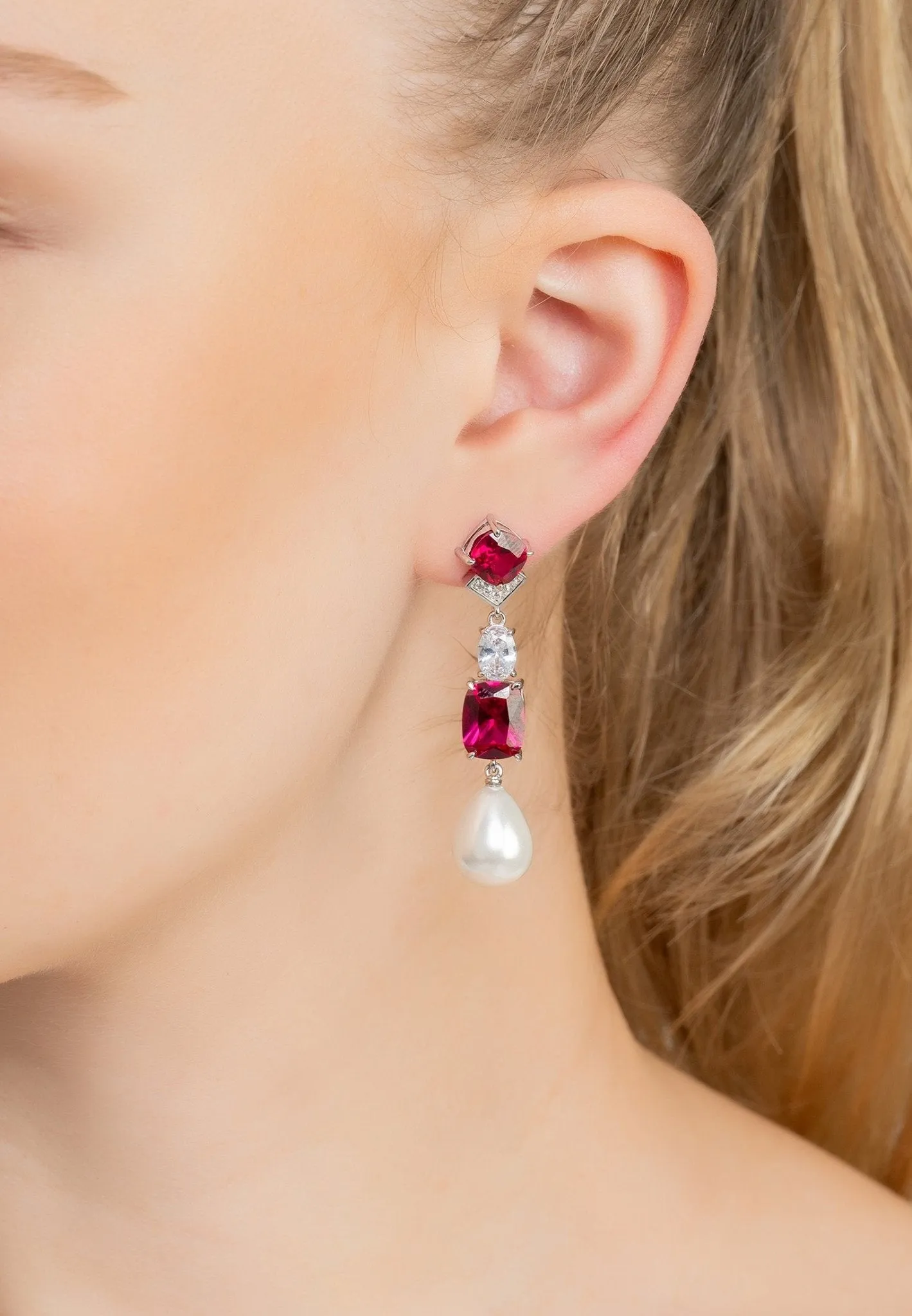 Cordelia Pearl & Ruby Long Drop Earrings Silver