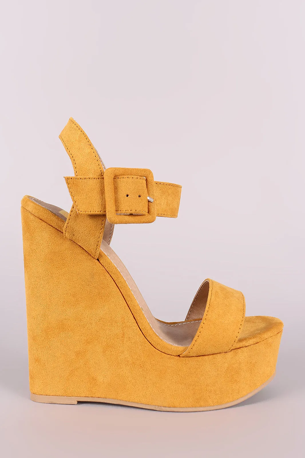 Suede Open Toe Buckled Ankle Strap Platform Wedge