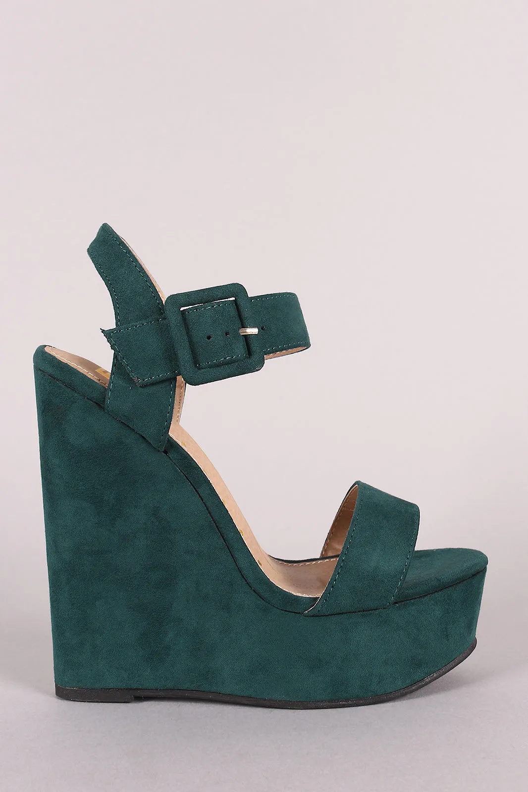 Suede Open Toe Buckled Ankle Strap Platform Wedge